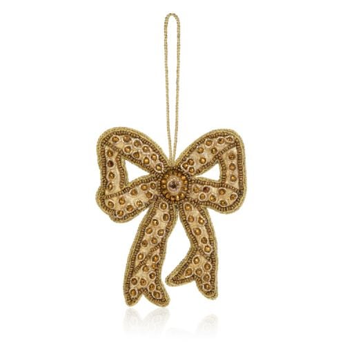 Gold bow decoration with gold sequin embellishments. Gold string to hang. 