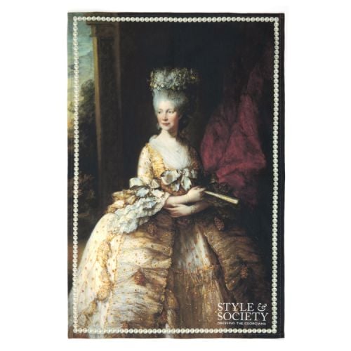 Tea towel featuring painting of Queen Charlotte by Thomas Gainsborough. Pearl pattern used for border pattern.