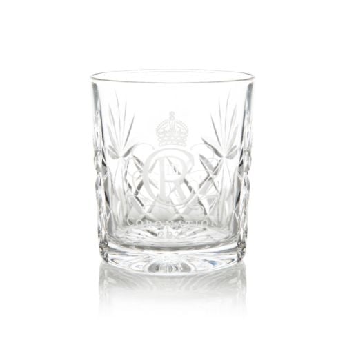 Crystal cut glass tumbler with King Charles III cypher engraved on the front. 