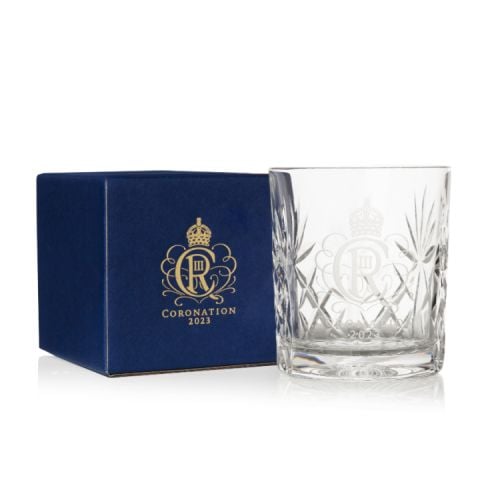 Crystal cut glass tumbler with King Charles III cypher engraved on the front. 