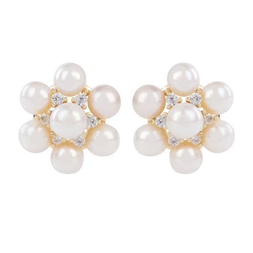 Pearl flower earrings with clear crystals and gold backs. 