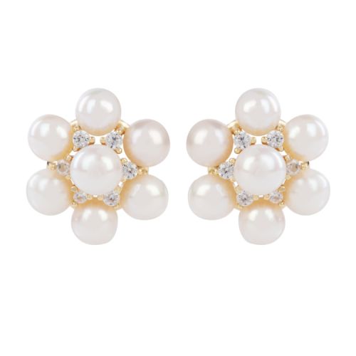 Pearl flower earrings with clear crystals and gold backs. 
