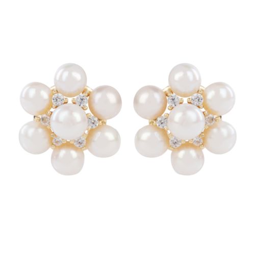 Pearl flower earrings with clear crystals and gold backs. 