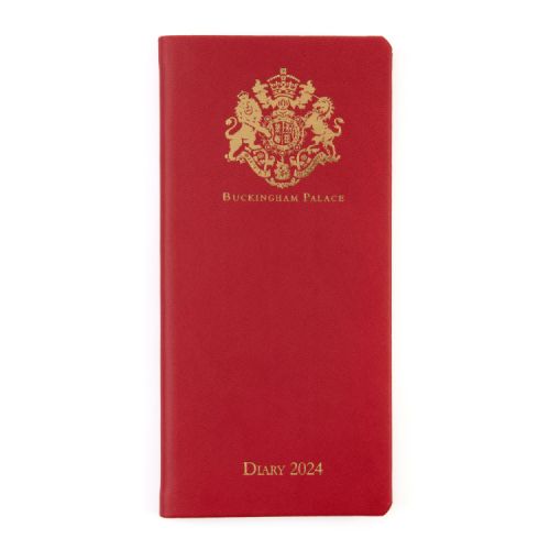 Red pocket diary with gold embossed crest and lettering, Buckingham Palace Diary 2024