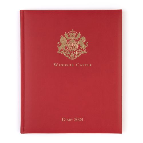 Red desk diary with gold embossed crest and lettering, Windsor Castle Diary 2024