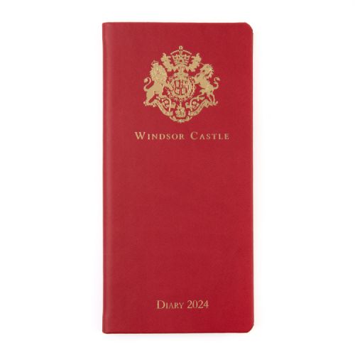 Red pocket diary with gold embossed crest and lettering, Windsor Castle Diary 2024