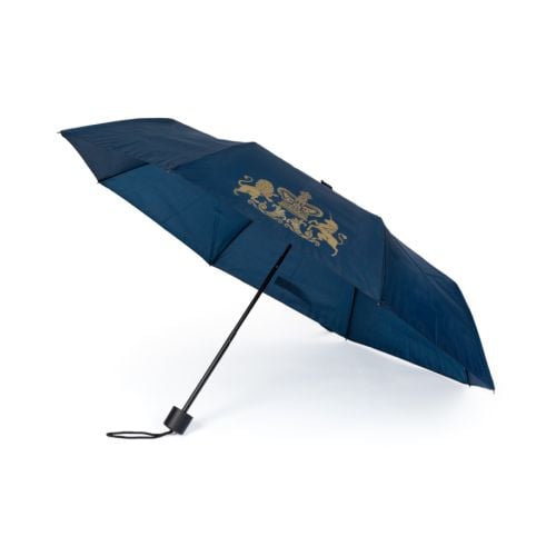 Navy umbrella with black handle and crest in gold printed on fabric