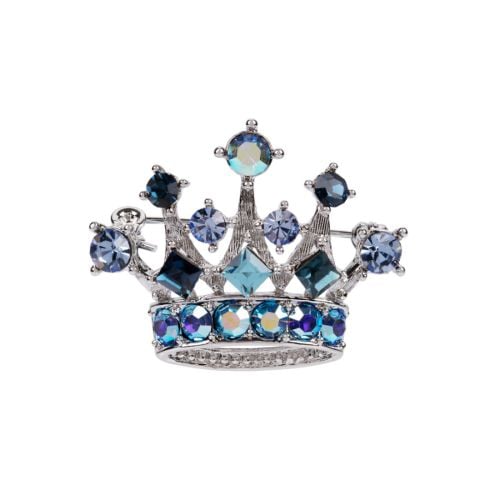 brooch in the shape of a crown with silver and blue detailing