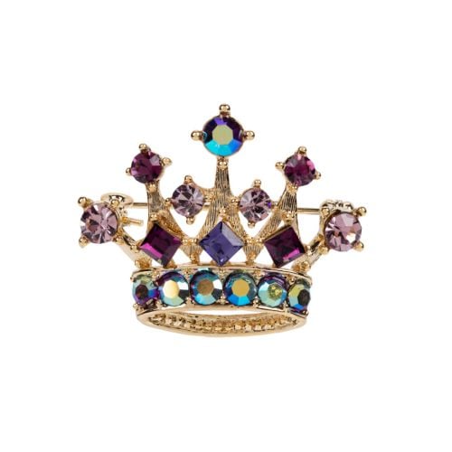 brooch in the shape of a crown with gold and purple detailing and gems