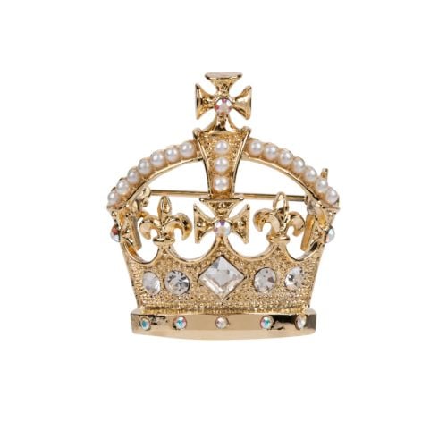 gold crown brooch with gem and pearl detailing 