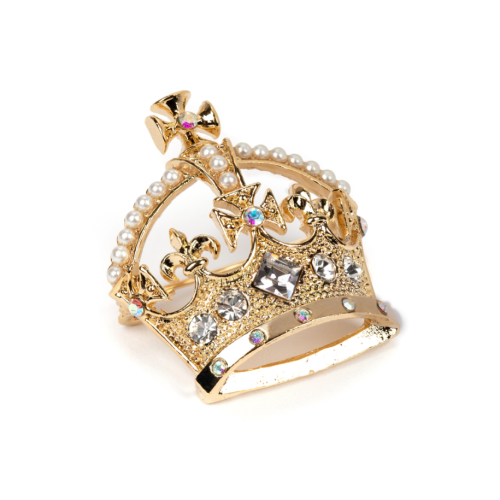 gold crown brooch with gem and pearl detailing 