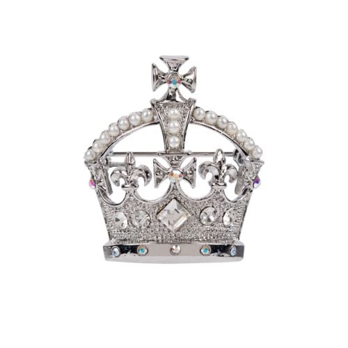 sliver crown brooch with gem and pearl detailing 