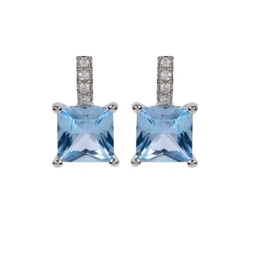 earrings with light blue gems and small silver gem details above.