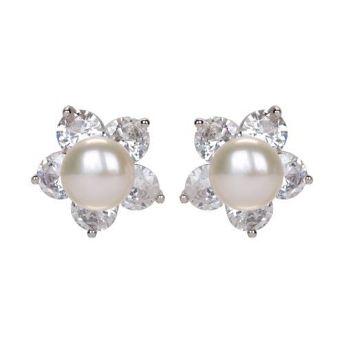 Pearl clip on earrings with crystal petals. 