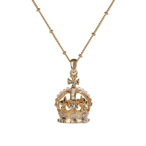 Gold crown pendant with blue crystals and costume pearls on a gold chain. 