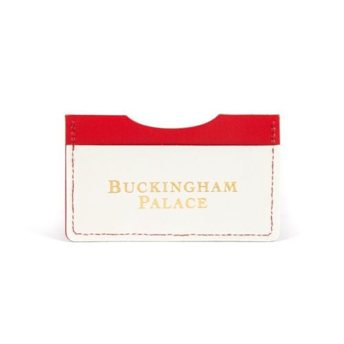 rectangle card holder with red and white detailing and crown on right hand side
