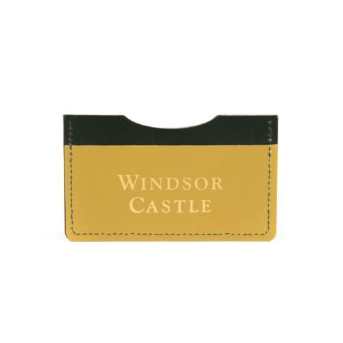 rectangle card holder with green and yellow detail with the Windsor Castle crest on the right 