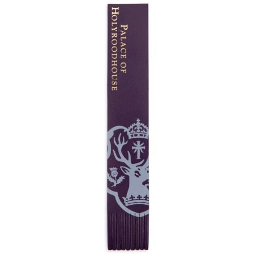 bookmark in purple with tassel detailing at the bottom. Palace of Holyroodhouse in gold foil and crest of Holyroodhouse on the bottom.