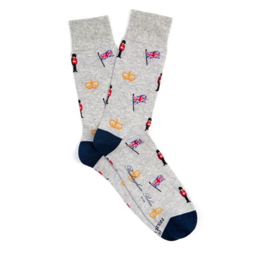 Grey socks with navy toes and heels. Illustrations or crowns, Union Jacks and Palace Guardsmen. 