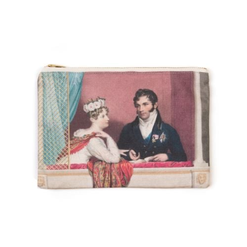 Cosmetics pouch featuring part of a Georgian painting. 