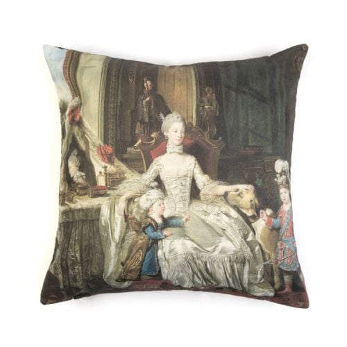 Cushion featuring section of a painting of Queen Charlotte with her Two Eldest Sons.