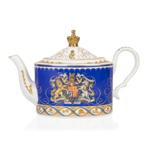 Coronation Teapot detailing the coat of arms crest and gold decoration