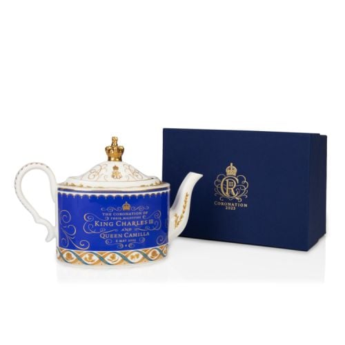 Coronation Teapot detailing the coat of arms crest and gold decoration