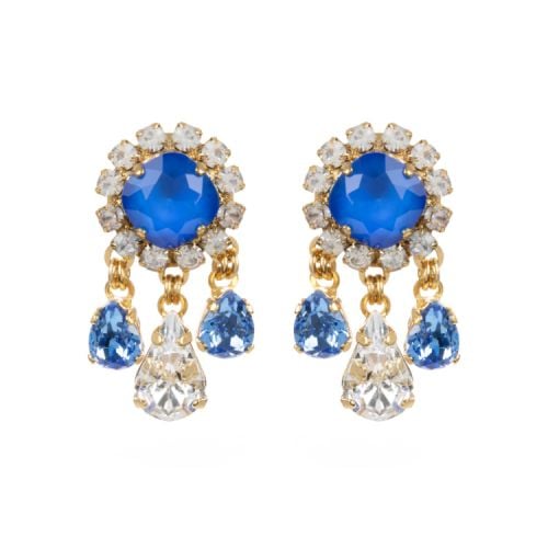 Blue and clear crystal drop earrings on gold fixings.