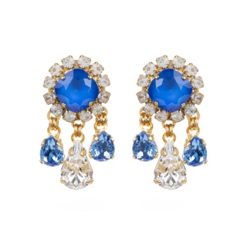 Blue and clear crystal drop earrings on gold fixings.