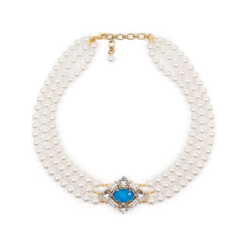 Three strand pearl necklace with blue crystal and square clear crystals surround. 