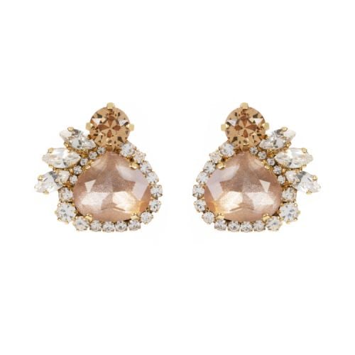 A pair of pale pink crystal earrings. Surrounded by an assortment of brown and clear crystals.