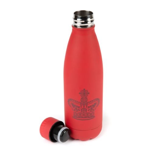 red bottle with lid and crown illustrated on front 