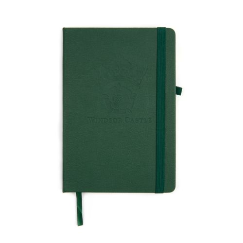 green notebook with elastic strap and embossed windsor castle crest 