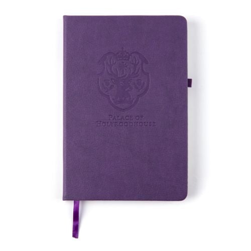purple notebook with Palace of Holyroodhouse and crest embossed onto front.
