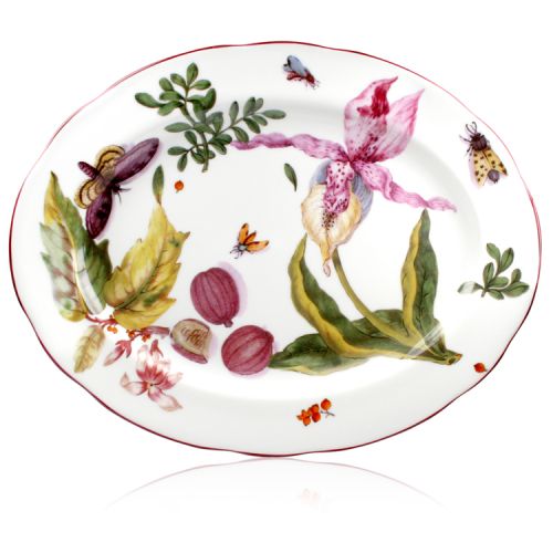 Chelsea porcelain oval plate decorated with a variety of leaves, flowers and insects.
