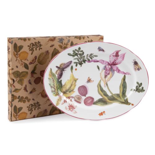 Chelsea porcelain oval plate decorated with a variety of leaves, flowers and insects.