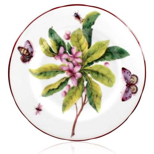 Chelsea porcelain side plate decorate with flowers, leaves and butterflies. Edge finished with red.