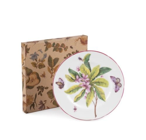 Chelsea porcelain side plate decorate with flowers, leaves and butterflies. Edge finished with red.