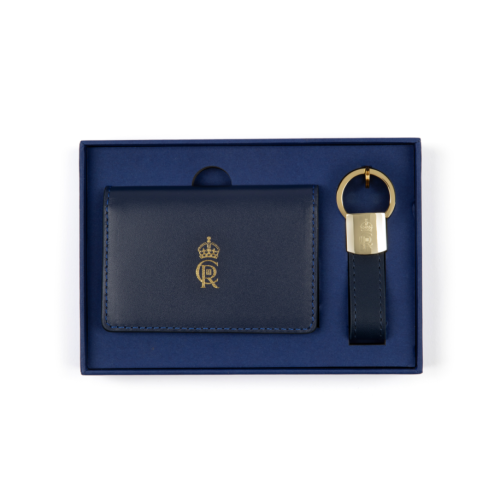 blue gift set with wallet and keyring inside and Gold cypher detailing