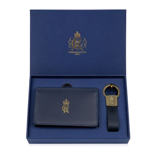 blue gift set with wallet and keyring inside and Gold cypher detailing
