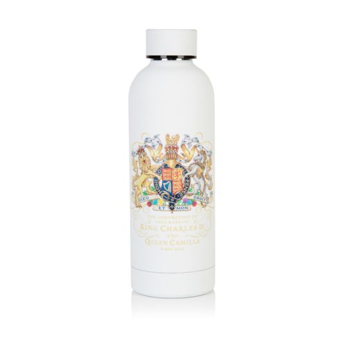 White water bottle with screw cap lid. Coat of arms and gold writing on the front.