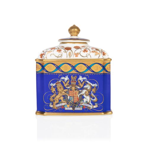 Ceramic Limited Edition Tea Caddy displaying the coat of arms crest with gold decoration