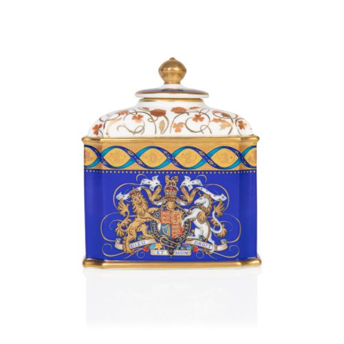 Ceramic Limited Edition Tea Caddy displaying the coat of arms crest with gold decoration