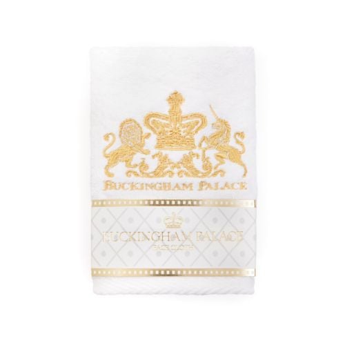 Face cloth with Lion and Unicorn crest in gold thread. 
