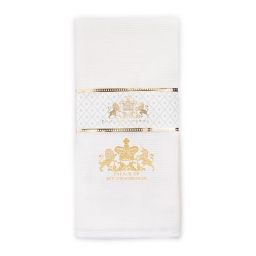 white cotton tea towel embroidered with a lion and unicorn and the words 'Palace of Holyroodhouse' in gold threads