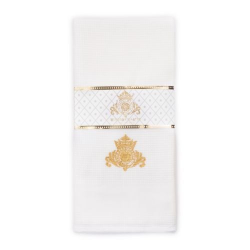 Two white tea towels overlapping with gold embroidered crest central at the bottom.