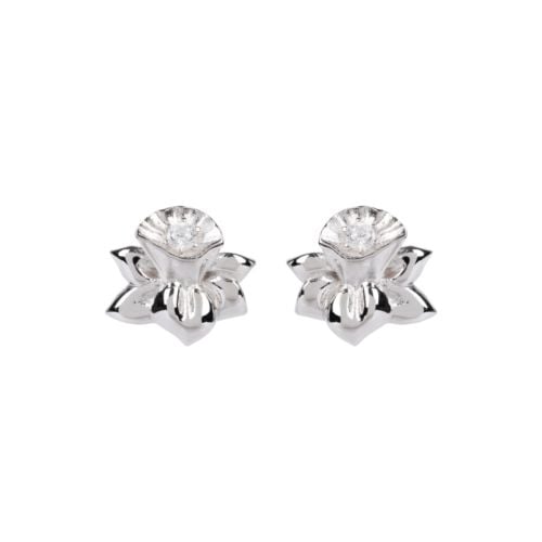 two silver stud earrings in the shape of daffodils