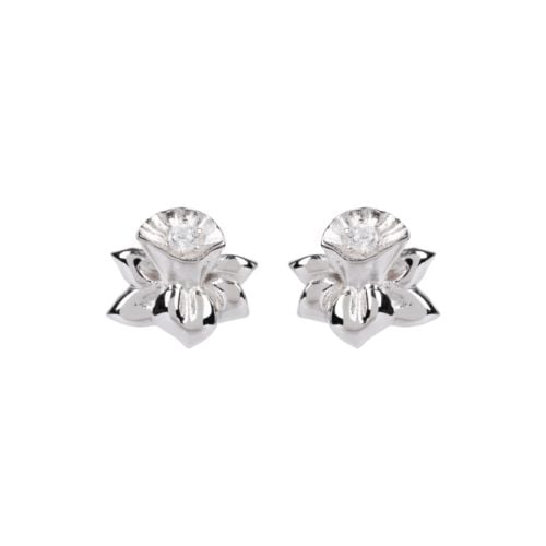 two silver stud earrings in the shape of daffodils