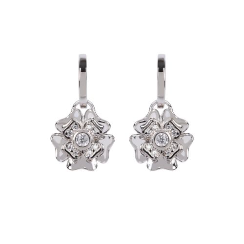 two silver drop earrings in a rose shape 