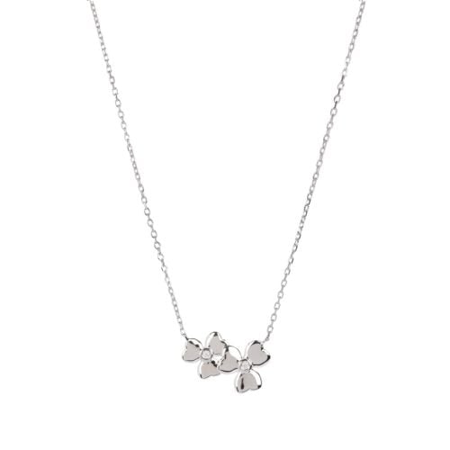 silver necklace chain with two clover flowers in the center